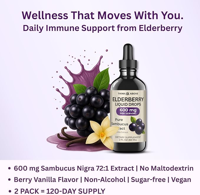 Think Above Elderberry Liquid Drops, 600mg, 2 Fl Oz, Pure Sambucus Extract with Vanilla, Vegan Immune Support Supplement, (Pack of 2)