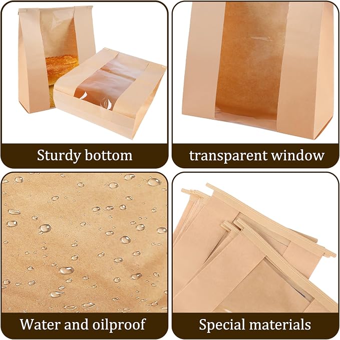 50 Pcs Bread Bags with Window Bread Bags for Homemade Bread Sourdough with Metal Tin Strip and Cute Seal Stickers Bakery Food Packaging Storage Cookie Bag Bread Gift Giving（14 x 8.3 x 3.3 In）