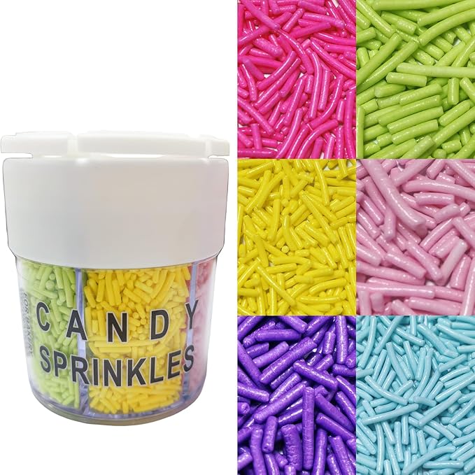 Senchanting 6 Cell Edible Mix Jimmies Sprinkle for Cake Decorating, Edible Pastel Jimmies Mix for Decorating Baking Cupcakes Cake Cookies Ice Creams Donuts Topper Candy (Pink Blue Purple Grass Green Dark Pink Yellow )