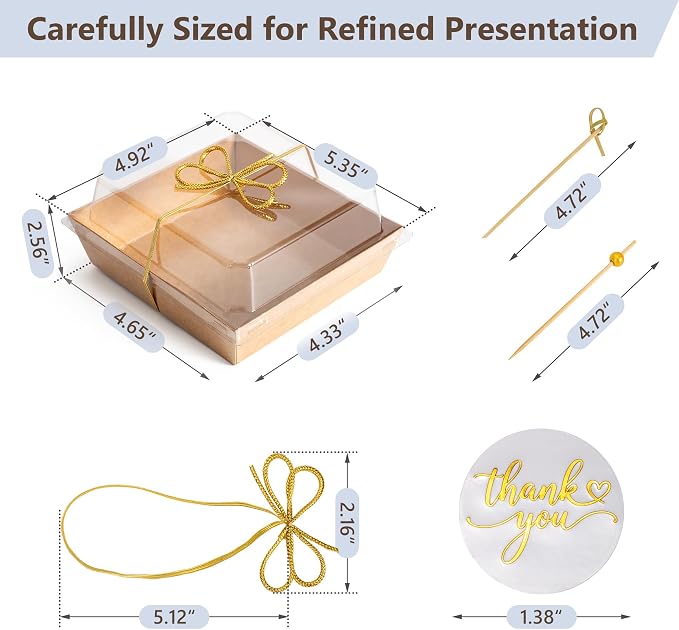 Gift-Ready Charcuterie Boxes with Clear Lids, Cake Slice Container, Bakery packaging, Food Gift Containers, Small Treat, 5"Dessert Boxes with Ready to use Ribbon and Bamboo Skewers-50 Count-BROWN