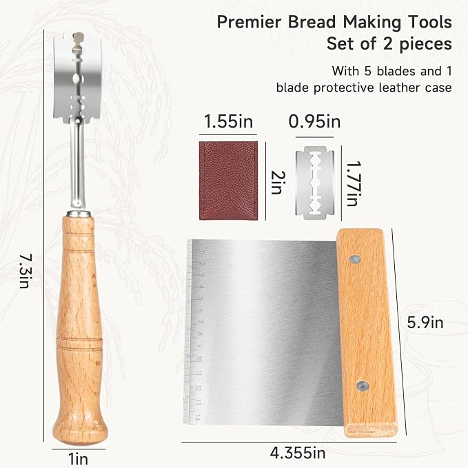 Hand Crafted Bread Lame Premium Sourdough Scoring Tool Bread Making Tools Set of 2 pieces Bread Knife(5 Blades) with Dough Scraper Bread Cutter