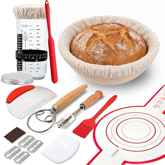 15 PCS Sourdough Bread Baking set, 9 in Rattan Basket Bread Proofer, Sourdough Fermentation Kit, Bread Making Tool Set, a Sourdough Baking Set Gift for Baking Enthusiasts, Women, Wives, and Mothers