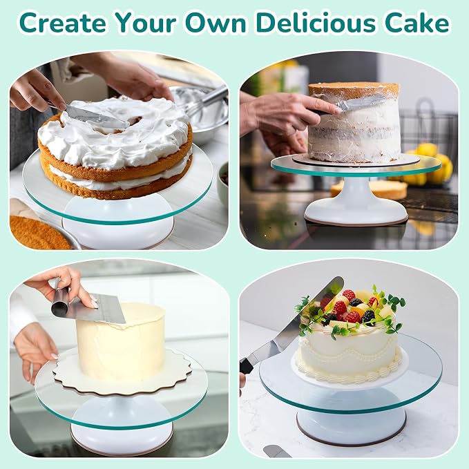Willinglong 6 Pcs 12 Inch Cake Turntable Set Glass Rotating Cake Spinner Stand Decorating Supplies with 2 Aluminum Alloy Spatulas 3 Icing Smoother Scraper for Birthday Wedding Party Baking
