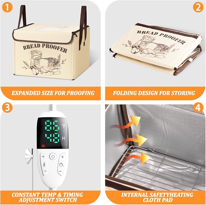 Folding Bread Proofing Box with Lid, Bread Proofer 3-Side Even Fever 50-113℉ Temp Control for Dough Yogurt Fermentation with Adjustable Temperature & Timer Contrller