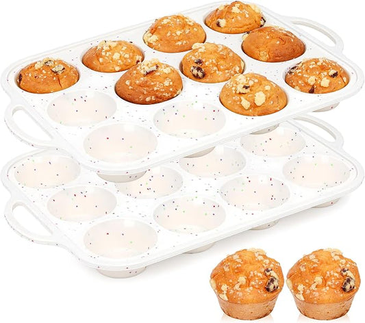 2 Pcs Silicone Muffin Pan with Metal Frame Nonstick 12 Cup Regular Size Cupcake Pan Silicone Muffin Tray for Baking Egg Bites Muffins Cupcakes Gifts for Mom Home Baker Kitchen (Cream)