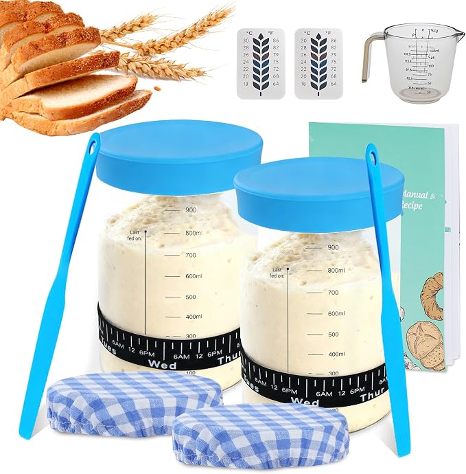34oz Sourdough Starter Jar Kit,Wide Mouth Sourdough Starter Container with Feeding Tracking Band, Silicone Spatula&Sourdough Starter Kit-Baking Supplies(2 pack). (Blue)