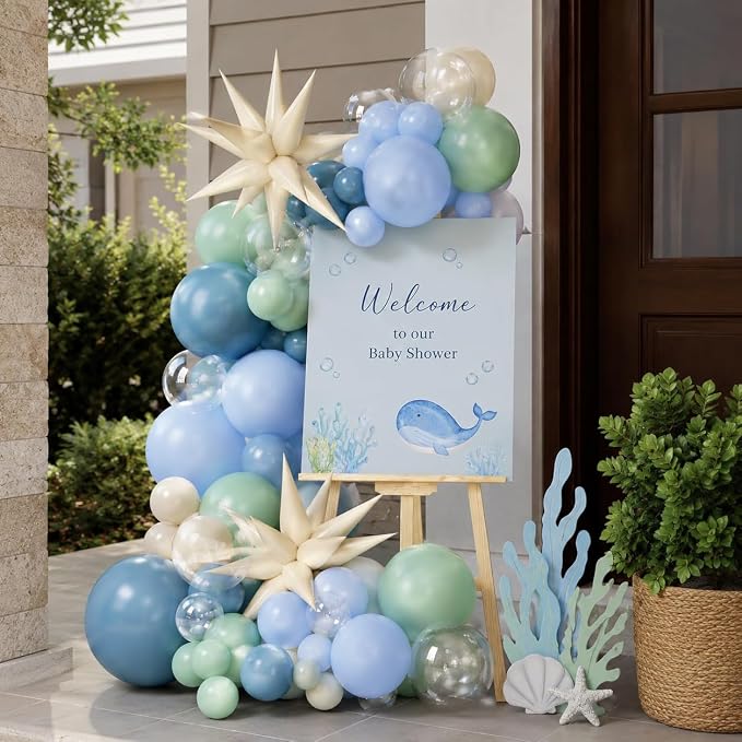 Under the Sea Balloon Arch Garland Kit with Dusty Blue Pastel Green Sand White Star Foil Balloon for Ocean Themed Birthday Baby Shower Party Decorations