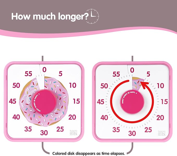 TWENTY5 SEVEN Countdown Timer 7.5 inch, 60 Minute 1 Hour Visual Timer for Classroom Teaching Tool Office Meeting, Mechanical Countdown Clock for Kids Exam Time Management Magnetic, Pink Donut