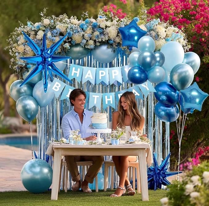 Blue Birthday Party Balloon Kit,Metallic Blue Pearl Balloons Happy Birthdays Banner Fringe Curtains Explosion Star Foil Balloon for Women Man Baby Shower Birthday Decoration