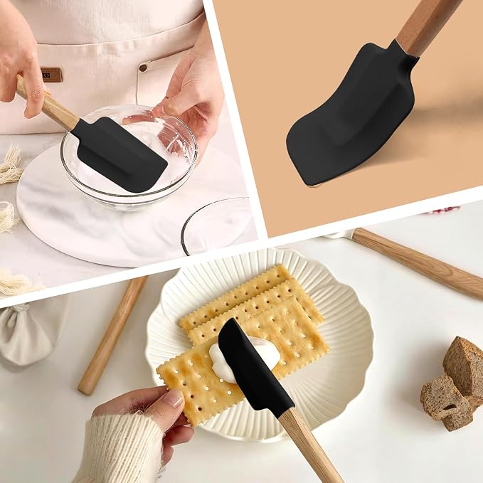 Uenhoy 5 Pack Silicone Spatula Set, Non-stick Wooden Handle Rubber Spatulas for Baking Cooking Frosting, 600°F Heat Resistant, Black
