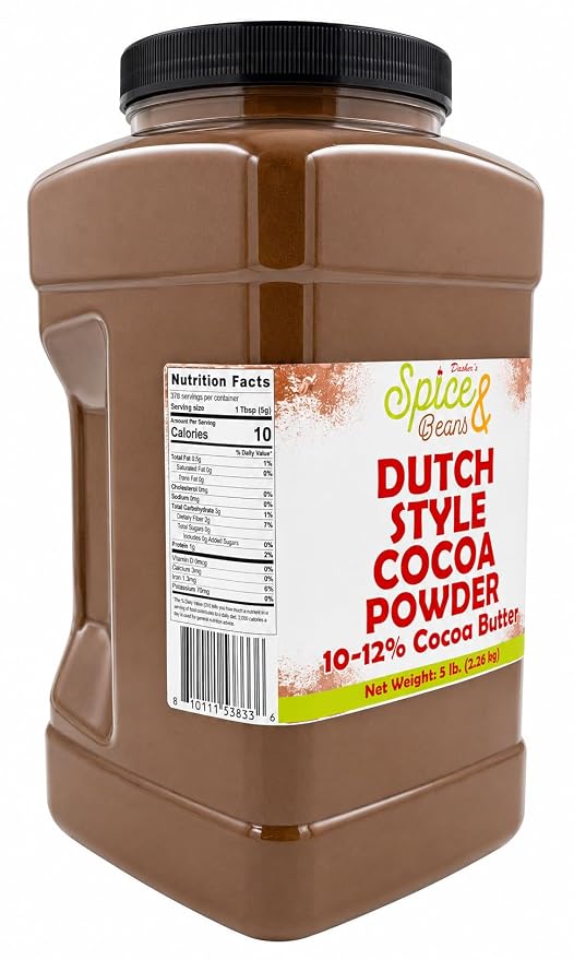 Dutch Process Cocoa Powder | 100% Unsweetened Cocoa | Bulk 5 lb Container | Rich Dark Baking Cocoa for Brownies, Cakes, Hot Chocolate & Smoothies | Dasher’s Spice & Beans