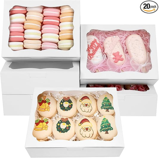 20pcs 8x6x2.5 Inch White Bakery Boxes Cookie Boxes with Window Treat Boxes Dessert Boxes for Cookie,Pastry,Macaron,Donut,Muffins,Chocolate,Cupcake and Candy Gift Giving