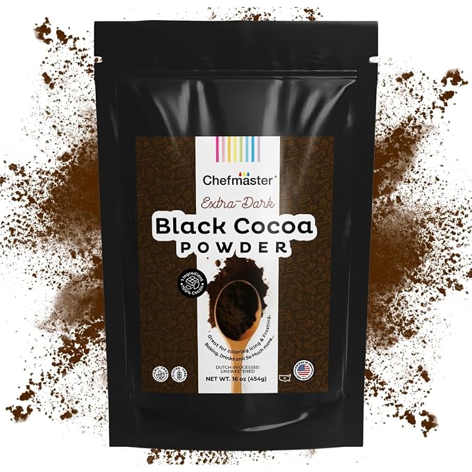 Black Cocoa Powder by Chefmaster, Extra Dark Dutch-Processed Cocoa Powder for Baking, Cookies, Cakes, & Icings; Rich Chocolate Flavor, All-Natural Dye Alternative, Unsweetened, 16 oz