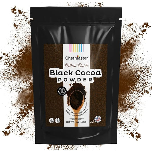 Black Cocoa Powder by Chefmaster, Extra Dark Dutch-Processed Cocoa Powder for Baking, Cookies, Cakes, & Icings; Rich Chocolate Flavor, All-Natural Dye Alternative, Unsweetened, 16 oz