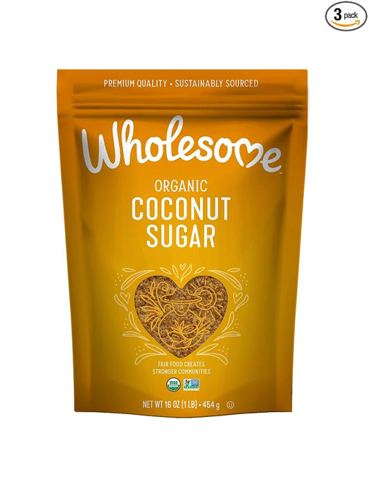 Wholesome Sweeteners 16-Ounce Organic Coconut Sugar, Non GMO, Gluten Free & Vegan Sweetener, for Baking, Sauces, and Smoothies, 3 Pack