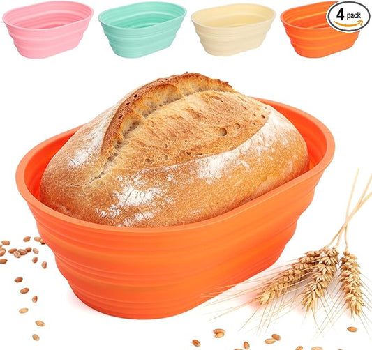 4 Pcs Oval Silicone Bread Proofing Basket Set, 10 Inch Foldable Sourdough Banneton Basket for Non-Stick Dough Rising - Oven, Dishwasher Safe (Beige, Green, Orange, Pink)