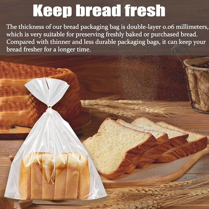 Reusable Bread Bags for Homemade Bread & Sandwich Bread ， 100 Pack Clear Plastic Storage Bags with Ties, Airtight Food Safe Design for Home Bakers and Bakeries（8"x4"x18"）