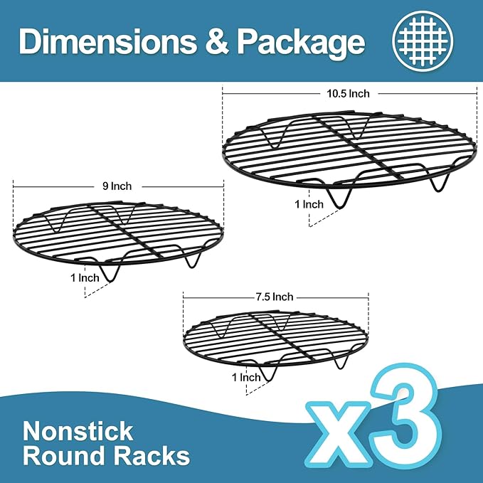 P&P CHEF Round Cooking Rack, Cooling Rack for Steamer, 7.5+9+10.5”, Black | 3 Pack Stainless Steel Baking Rack for Grilling Roasting, Fits Air Fryer, Canning Pot, Oven & Dishwasher Safe, Non-toxic