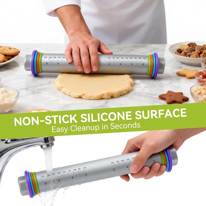 Silicone 9-Inch Adjustable Rolling Pin with 4 Thickness Rings, for Baking,Pizza, Cookie,Pastry, Pie,Baking Supplies for Cookie Fondant Pizza Cake Pasta（Gray）
