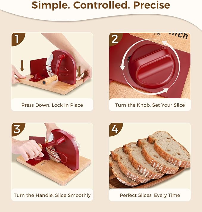 SOWKIPE Upgraded Manual Bread Slicer for Homemade Sourdough Bread, Adjustable Thickness Hand Crank Bread Cutter with Metal Guide, Scale Line, Even Slices, Suction Cups, Cover (Red)