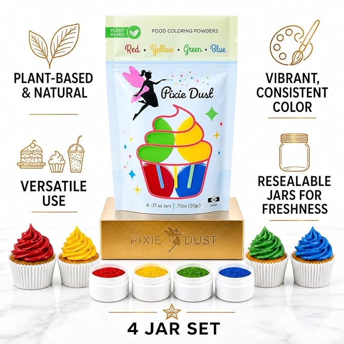 Dye-Free Food Coloring Powder set - Red, Blue, Green and Yellow. | Perfect for cake decorating, cookie frosting, icing & drinks | Plant-Based, All-Natural, Kosher, Flavorless | No Carmine, No Annatto, No Propylene Glycol | By PIXIE DUST | Large .35 oz ...
