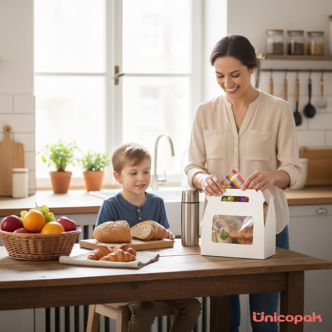 UnicoPak 30 Pack 9x6x6 White Bakery Boxes with Window, Large Gable Boxes for Lunch, Treats, Cookies, Pastries, Cardboard Gift Boxes for Christmas, Holiday Presents, Auto-Popup Assembly