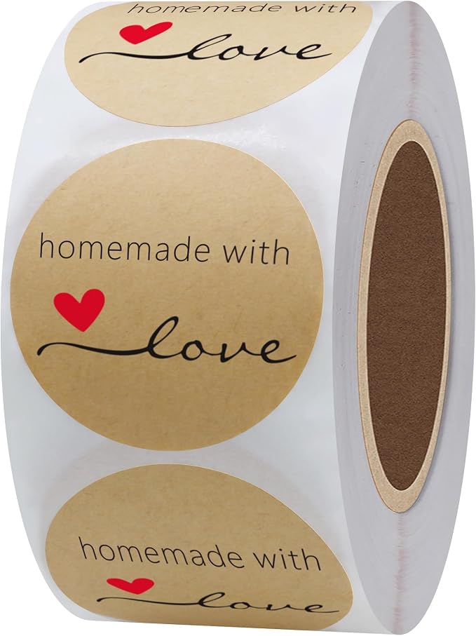 Hybsk Kraft Homemade with Love Stickers 1.5" Inch Round Total 500 Adhesive Labels Per Roll (Kraft)