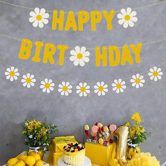 Zwiebeco Yellow Daisy Flower Happy Birthday Party Decoration Sign Banner Bunting Garland Hanging Paper Kit for Kids Adults Groovy Hippie Theme Accessories Supplies