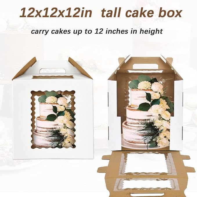 3 Pack 12x12x12 Inch Tall Cake Boxes with windows,10in 12in Tall Cake Carrier, Large Tiered Cake Box,Disposable Layer Tall Baking Carrier with Handle for Wedding, Birthday