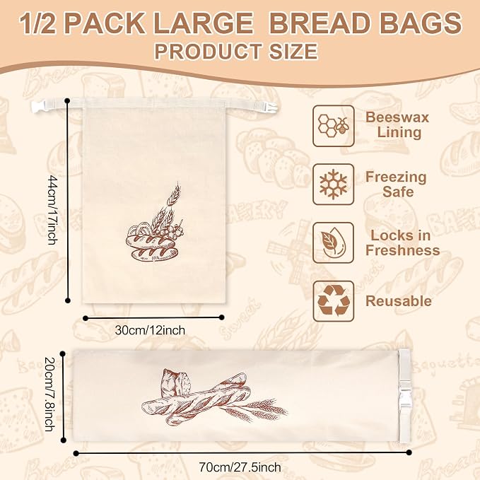 2pack Beeswax Linen Bread Bag Large Reusable Sourdough Bread Bags | 17 x 12 in, Beeswax Liner, Buckle Closure, Keep Bread Fresh, Baking Storage, Blue Floral Design