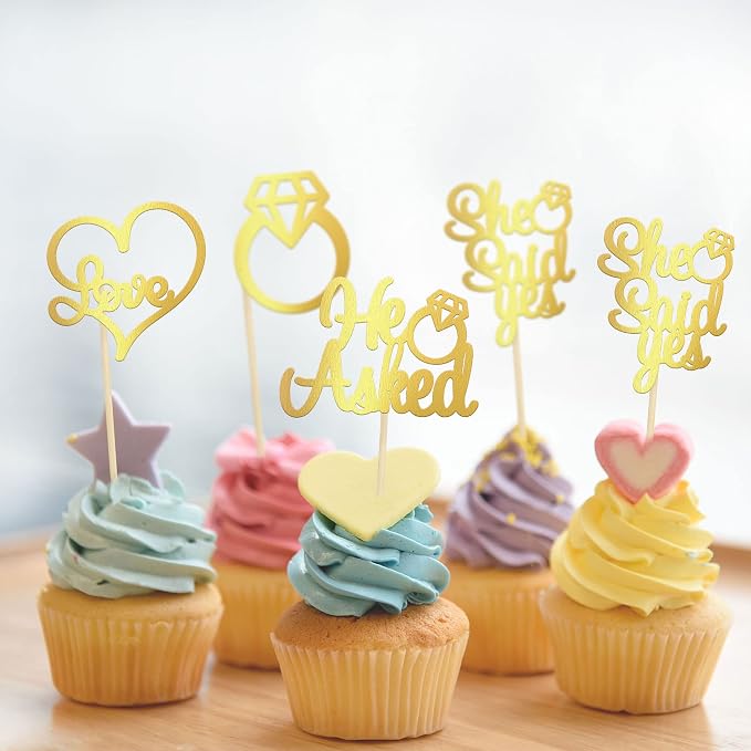Gyufise 24 Pack Light Gold Glitter He Asked She Said Yes Cupcake Toppers Diamond Ring Heart Love Cake Picks for Wedding Engagement Party Cake Decorations