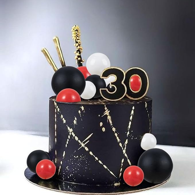 Gyufise 30Pcs Ball Cake Topper Decorations Mini Balloons Cake Topper Sticks Foam Balls Cake Picks Decorations Cake Decorations for Wedding Party Birthday Decorating Red Black White