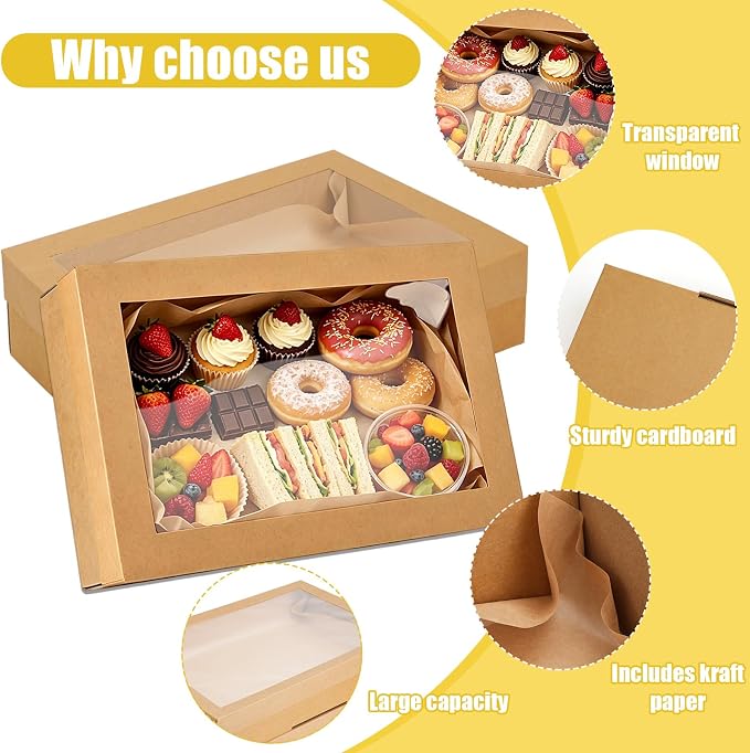 10 Pack Bakery Boxes with Window, 13.78x9.84x3.15 Inch Cookie Boxes, Large Cardboard Pastry Boxes, Take out Containers for Baking Pies, Cakes, Muffins and Pastries (M)