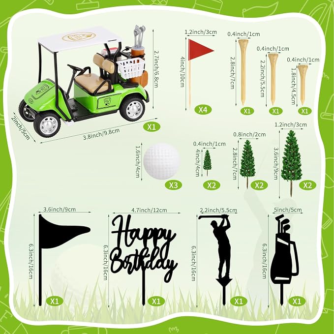 Hooqict 21 Pieces Golf Cake Decorations with Mini Cart, Balls, Clubs, Red Flags, Green Cake Toppers & Cupcake Toppers for Men Sports Golf Themed Birthday Party Decorations Supplies
