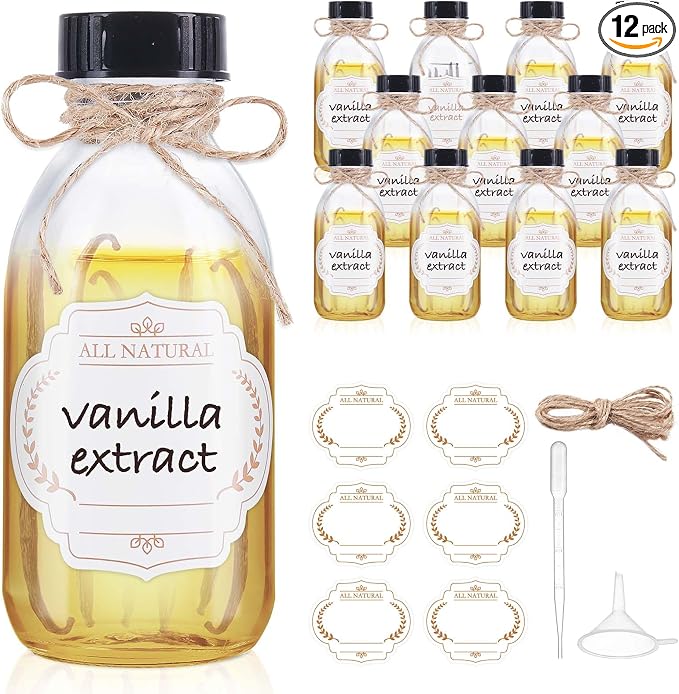 12 Pack 4 oz Boston Glass Bottle with Cap, Empty Glass Bottles for Homemade Vanilla Extract, Essential Oils, Juice, Potion, Syrup, Liquids, Christmas, Holiday Gift (Clear)