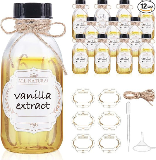 12 Pack 4 oz Boston Glass Bottle with Cap, Empty Glass Bottles for Homemade Vanilla Extract, Essential Oils, Juice, Potion, Syrup, Liquids, Christmas, Holiday Gift (Clear)