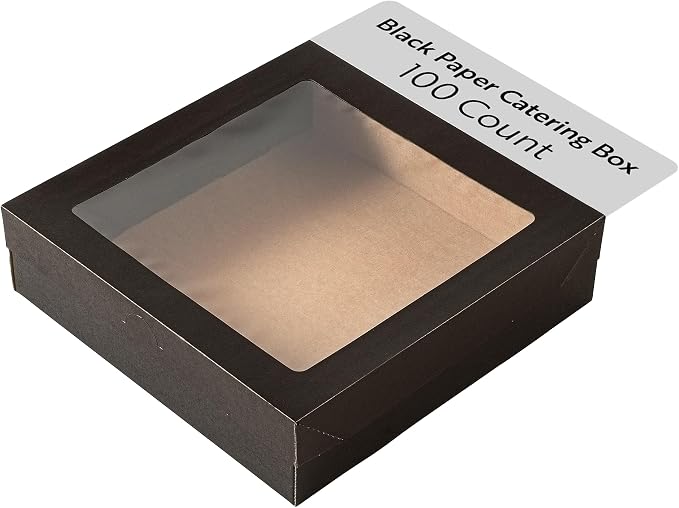 Restaurantware Cater Tek 9 x 9 x 2.4 Inch Baked Goods Boxes 100 Greaseproof Pastry Boxes - Window Lids Insert Tab Lock Black Paper Catering Boxes Easy Assembly For Charcuterie Or Cupcakes
