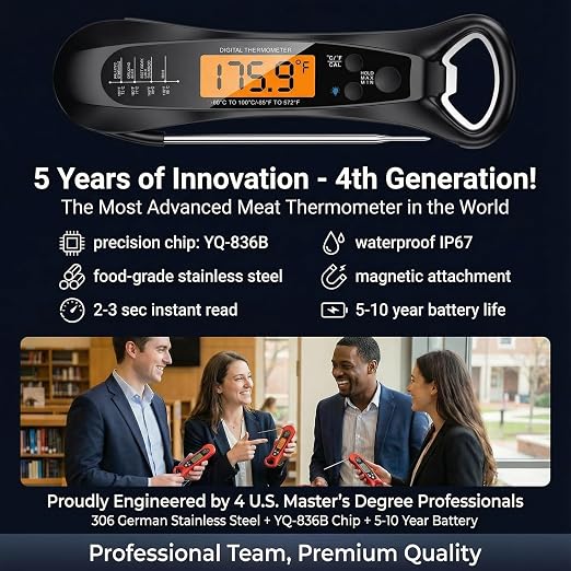 Therm Pro® Chef Meat Thermometer Digital, 1 Sec Instant Read, NIST® Certified Accurate to ±0.5℉, Ultra Bright LED Screen, 100% Waterproof, Auto-Rotate, for courtyard BBQ, Turkey, Candy, Liquids, bread