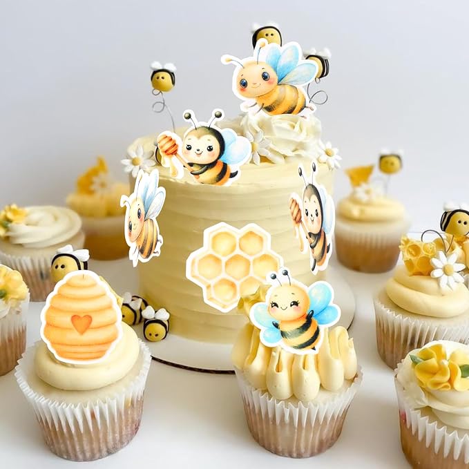 60 PCS Edible Bumble Bee Cupcake Toppers Waper Paper Honey Bee Cupcake Picks Edible Oh Babee Cupcake Decorations for Bee Theme Baby Shower Boys Girls Birthday Party Cake Food Decorations Supplies