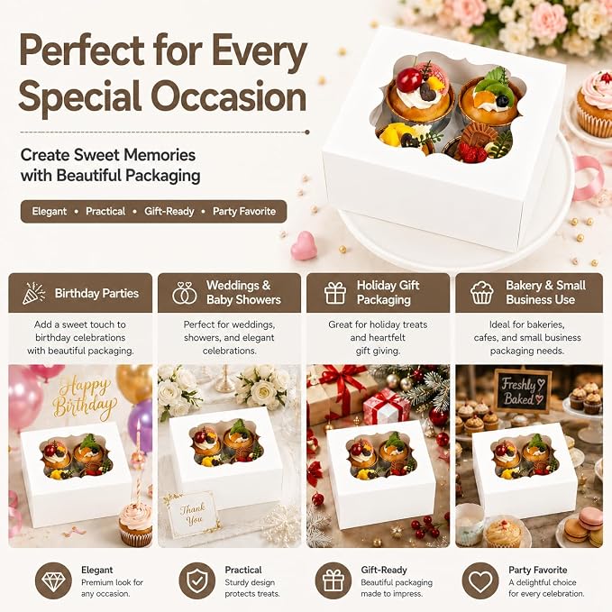 Cupcake Boxes with Window, 20 Pack 6.5x6.5x3 Inch Bakery Boxes for 4 Cupcakes, Muffins, Cookies & Pastries, Disposable Dessert Boxes with Insert Holder (White)