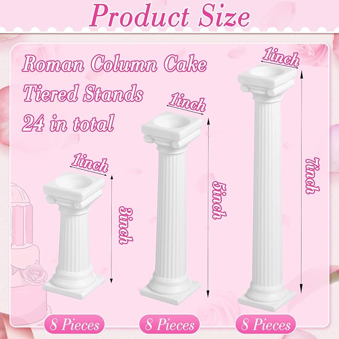 Suclain 24 Pcs 3 Size Fondant Cakes Tier Separator Support Stand Roman Column Cake Tiered Stands Multilayer Pillars Oman Column Wedding Decoration Support Tool Sets for Wedding Cupcake Display