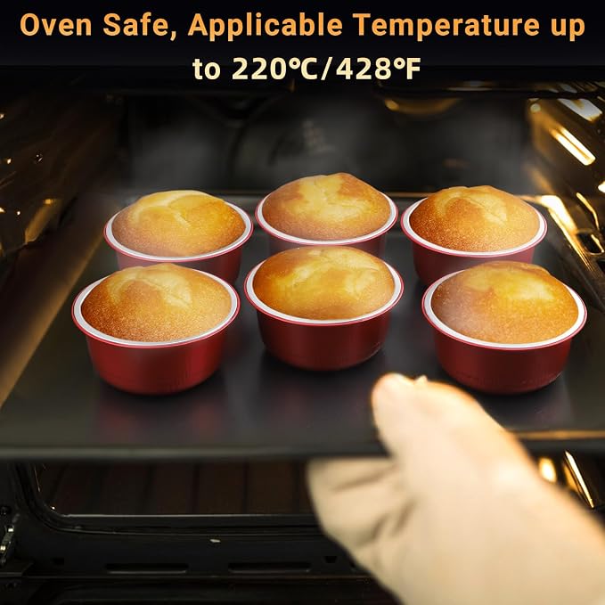Beasea Disposable Baking Cups With Lids, 100 Pack 6.1oz 180ml Aluminum Foil Ramekins Round Baking Mini Cupcake Oven Cups for Party - Red