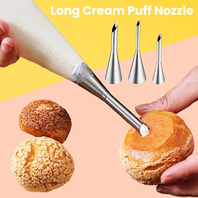 Kasmoire 3Pcs Cream Icing Piping Nozzle Tips,Stainless Steel Long Puff Nozzle Tip With 10Pcs Disposable Piping Bags,Puff Pastry Filling Cake Decorating Tools