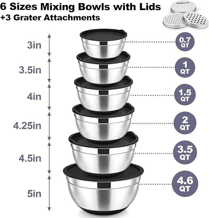 TeamFar Mixing Bowls, 6 PCS Stainless Steel Nesting Salad Bowl with Lids & 3 Graters, For Kitchen Cooking Serving Prepping, Airtight & Non-Slip, Size 4.6/3.5/2/1.5/1/0.7 QT, Black