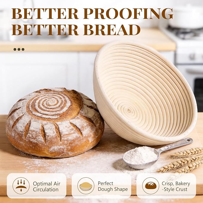 BAVIFY Sourdough Starter Kit, Banneton Bread Proofing Baskets Set, Sourdough Bread Baking Supplies Making Tools with 9 Inch Round Rattan Sourdough Basket, Linen Liner, 2 Round Baskets Set