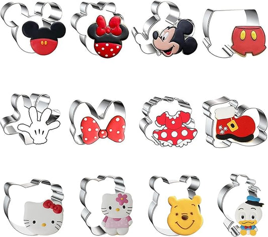 Mouse Kitty Winnie the Pooh Cookie Cutter Set Stainless Steel Sandwich Biscuit Fondant Cutters for Kids DIY Lunchbox Bento Box Fruit Cutters Cake Decoration, Pack of 12 (Cartoon Cookie Cutters Set)