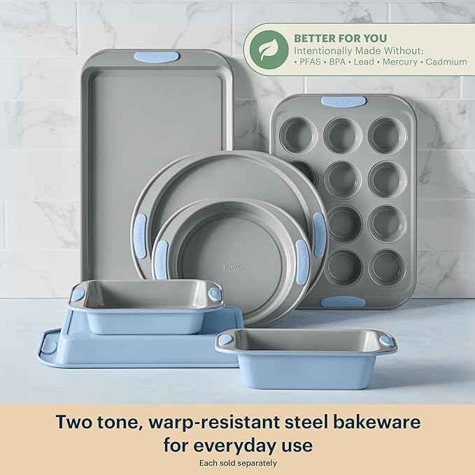 Pyrex 3-Piece Metal Cookie Sheet Bakeware Set, Lightweight Stainless Steel Baking Trays with Heatsafe Silicone Handles, Cookie Sheet Baking Pan, Cerulean