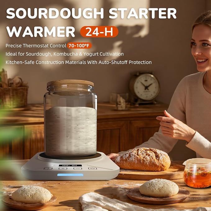 Sourdough Starter Warmer Mat - 24H Timer - Precise 1°F Thermostat Control (70-100°F) - Smart Memory Warming On/Off - Fits Jars Up to 40oz - Perfect for Home Baking (Moonlight White)