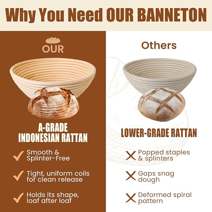 Sourdough Starter Kit, Sourdough Bread Baking Supplies, Banneton Bread Proofing Basket with Starter Jar, Dough Whisk, Scrapers, Recipe, Round Bread Proofing Basket, for Bread Baking
