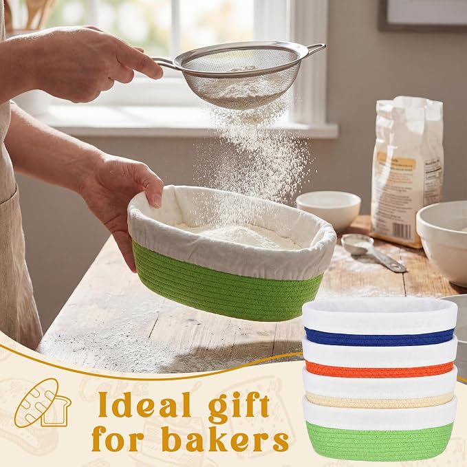 4 Pcs 10 Inch Bread Proofing Basket Set Cotton Rope Oval Banneton Basket Sourdough Bread with Liners Covers for Baking Supplies (Vibrant Color)